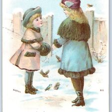 c1880s John 4:19 Bible Quote Trade Card Bufford Cute Wing Hat Girl Bird Snow C3 picture