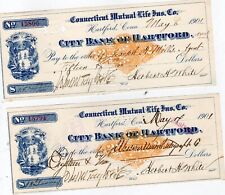 TWO VINTAGE ORNATE BANK CHECK HARTFORD CONNECTICUT MUTUAL LIFE INS. CO  picture