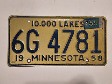 1958 Minnesota License Plate-6G 4781 w/tag 1959-Vintage-Man Cave-Decor-Shop picture