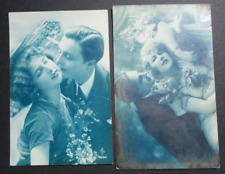 French romantic real photos blue tinted lot of 2 postcards picture