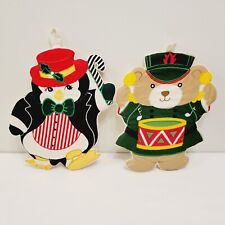 2 Vtg Christmas Holiday Penguin Candy Cane Teddy Bear Drummer Soft Decor holders picture