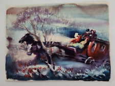 1946 Vtg UNUSED HORSES w Coach RACE Thru the Snow CHRISTMAS Greeting CARD picture