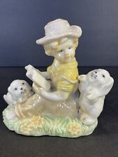 CB Boy Figurine Reading with Two White Puppies Ceramic 4” Christian brand EUC picture