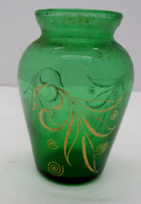 Small Green Glass Vase Gold Trim Vintage picture