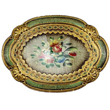 Vintage Italian Florentine Tray Green Gold Gilt Ornate Oval Floral Painted 12
