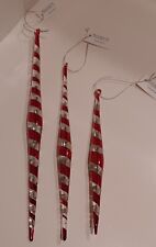 Melrose International Set (3) Clear Glass  Icicle  Teardrop Ornaments Red Stripe picture