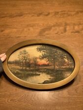 Vintage Antique Country Cabin Farmhouse Nature with Gold Oval Frame 14 X 9 picture