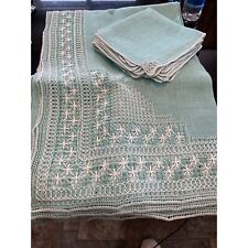 Vtg Linen Large Rectangle Assisi Italy Stitching Sea Foam Green Tablecloth 180