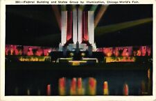 Chicago Worlds Fair Postcard Federal Building and States Group by Night picture