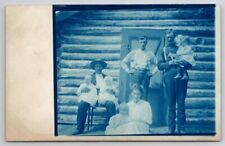 Cyanotype RPPC Family Fathers With Babies Log Cabin Homestead c1910 Postcard S28 picture