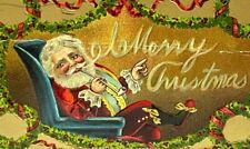 Vintage Christmas Postcard Santa Claus Sleigh Smoking Pipe Embossed ca. 1948 picture