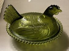 Vintage Indiana Glass Hen Nest Green Covered Candy Dish Chicken 60s picture