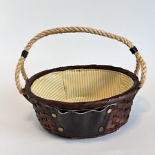 Vintage Mid Century/ Wicker Leather Rope Handled Gathering Basket - Japan picture