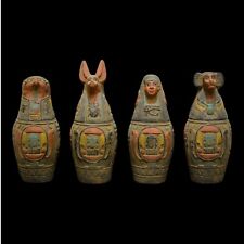 UNIQUE ANCIENT EGYPTIAN STATUE 4 Canopic Jar Anubis & Isis Carving Handmade picture