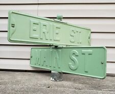 Antique Embossed Main St & Erie Street Sign w/ Corner Post Holder Vintage Owego picture