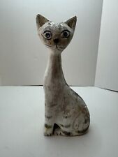 Vintage Driftwood Hand Carved and Painted 9” Tall Cat Aged Faded picture