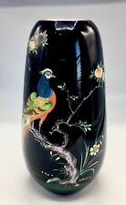 VTG Hand Painted Richard Benit Peacock Exotic Bird Navy Glass Vase, Gold Rim 8x4 picture