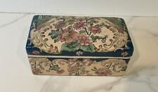 Vintage Chinese Chinoiserie Ceramic Floral Jewelry Box with Lid Pink Roses picture