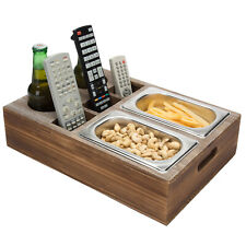 Rustic Brown Wood Snacks Remote Control Caddy Serving Tray w/2 Cup Holders picture