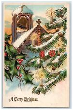 1908 Christmas Tree Candle Lights Holly Winter Snow Embossed Antique Postcard picture
