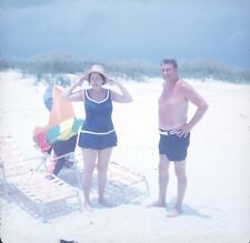 1970 Older Woman Blue Swimsuit Man Beach Florida Vintage 126 Kodachrome Slide picture
