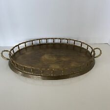 VINTAGE BRASS OVAL SERVING TRAY BAMBOO RAIL HANDLES HOLLYWOOD REGENCY 17 X 10” picture
