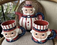 NEW Johanna Parker Ceramic July 4th UNCLE SAM Patriotic America Teapot + 2 Mugs picture