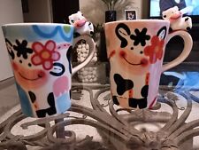 PAIR Indra Hand-Painted Fine Stoneware 3D Blue Pink Happy Cow Flower Spotted Mug picture