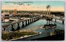 Minneapolis MN~Pillsbury A Mill,Arch Bridge And Mississippi River~Vintage PC picture