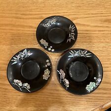 3 Vintage Black Lacquerware With Mother Of Pearl Dishes  picture