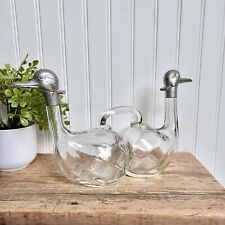 Vintage Czech Karl Palda Clear Glass Double Duck Decanter with Metal Heads  picture