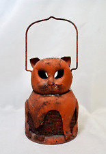 Vintage HALLOWEEN Orange Metal Cat Lantern Candle Holder picture