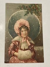 C. 1909 Christmas Vintage Postcard Cute Girl w/ Bonnet & Handwarmers Under Holly picture