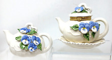 Vintage Mudpie TeaPot Porcelain Trinket Box Hinged & Ornament 3D Pansy 1998 #2-H picture