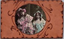 Vintage 1900s LEATHER Greetings Postcard with Add-On Hand-Colored Real Photo picture