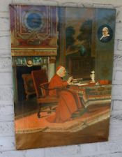 Antique Flemish oil canvas bishop cardinal dog interior painting religious picture