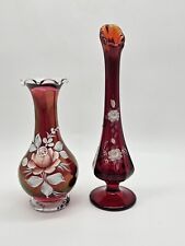 Vintage Westmoreland & Fenton Hand Painted Glass Vases Lot Of 2 Ruby Red Signed  picture