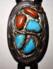 Beautiful Effie Calavaza Zuni Native American Snake Bolo Turquoise,Coral, Silver picture