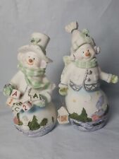 Pair Of Snowman Figurines Resin Scenery Blocks And Lantern Farmhouse picture