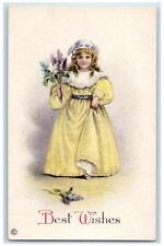 c1910s Best Wishes Pretty Girl Curly Hair With Flowers Embossed Antique Postcard picture
