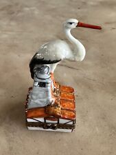 Limoges France Stork Delivering a Baby Peint Main, signed picture