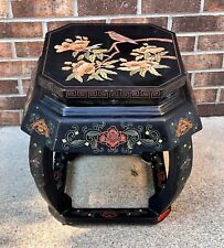 VINTAGE BIRD FLORAL ASIAN CHINOISERIE BLACK LACQUER CARVED SIDE TABLE STOOL WOW picture
