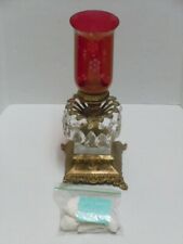 VINTAGE GOLD METAL MARBLE TABLE LAMP WITH TEARDROP PRISMS RED GLASS SHADE WORKS picture