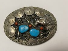 Eagle And Buffalo Nickle Silver, Turqouise And Coral Vintage Western Belt Buckle picture
