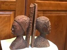 Great African Tribal Art Natives Hand Carved Wood Bookends Heads High Back 9 1/4 picture