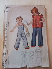 1930s Simplicity Sewing Pattern 3398 Girls Overalls Smock Bonnet Sz 8 Antq 12518 picture