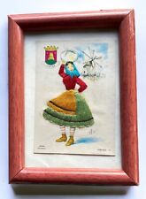 Artist Signed Silk Embroidered Postcard Sintra Lavadeira Portugal Wood Frame picture