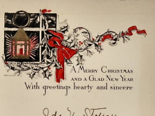 C1920s Hand Color Micah Candle Holly Berry Bow Christmas Vintage Greeting Card picture