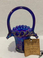 Vintage Fenton Cobalt Blue Butterflies & Berries Glass Basket Ruffled Edges 6.5