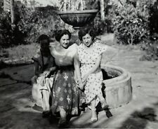 Three Women Holding Hands Sitting On Fountain B&W Photograph 2.5 x 3.5 picture